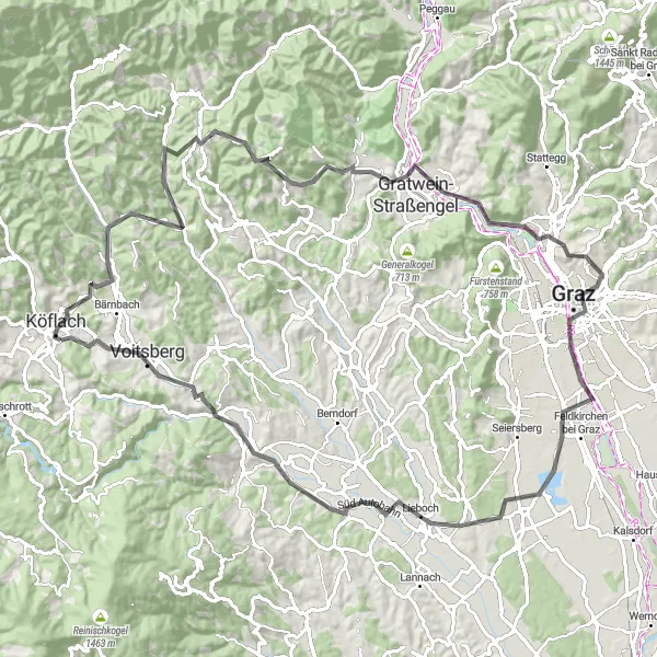 Miniaturekort af cykelinspirationen "Cykling gennem Alpernes smukke landskaber" i Steiermark, Austria. Genereret af Tarmacs.app cykelruteplanlægger