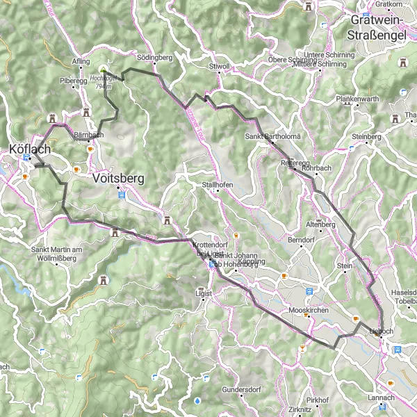 Miniatuurkaart van de fietsinspiratie "Wegroute door schilderachtige dorpen rond Pichling bei Köflach" in Steiermark, Austria. Gemaakt door de Tarmacs.app fietsrouteplanner