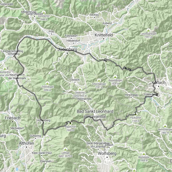 Miniatura della mappa di ispirazione al ciclismo "Tour in bicicletta di 184 km tra natura e cultura" nella regione di Steiermark, Austria. Generata da Tarmacs.app, pianificatore di rotte ciclistiche