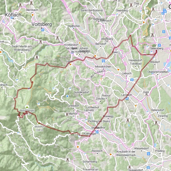 Miniatua del mapa de inspiración ciclista "Gran tour de gravel desde Pirka a Großsöding" en Steiermark, Austria. Generado por Tarmacs.app planificador de rutas ciclistas
