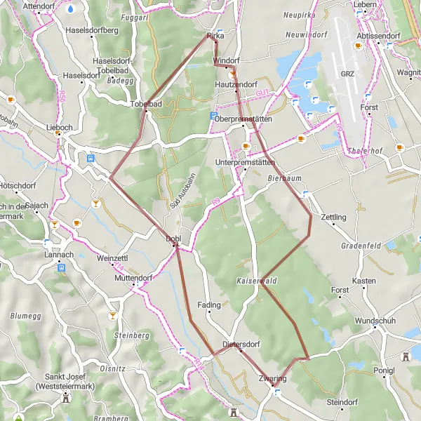 Miniatua del mapa de inspiración ciclista "Ruta de Gravel desde Pirka a Zettling y Dobl" en Steiermark, Austria. Generado por Tarmacs.app planificador de rutas ciclistas