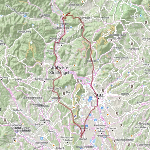 Miniatura della mappa di ispirazione al ciclismo "Sfida in gravel di 73 km partendo da Pirka" nella regione di Steiermark, Austria. Generata da Tarmacs.app, pianificatore di rotte ciclistiche