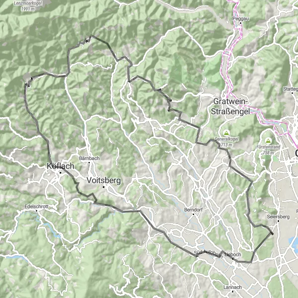 Miniatura della mappa di ispirazione al ciclismo "Giro in bicicletta stradale di 103 km vicino a Pirka" nella regione di Steiermark, Austria. Generata da Tarmacs.app, pianificatore di rotte ciclistiche
