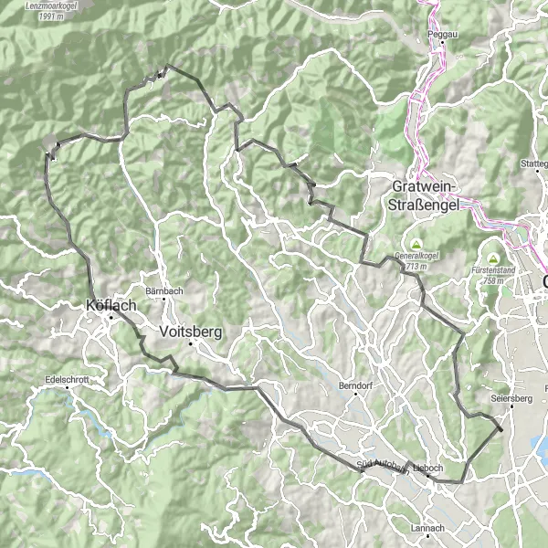 Miniaturekort af cykelinspirationen "Pirka til Krems og tilbage" i Steiermark, Austria. Genereret af Tarmacs.app cykelruteplanlægger