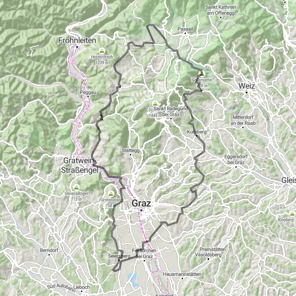 Kartminiatyr av "Kongelige sykkelopplevelser i Steiermark" sykkelinspirasjon i Steiermark, Austria. Generert av Tarmacs.app sykkelrutoplanlegger