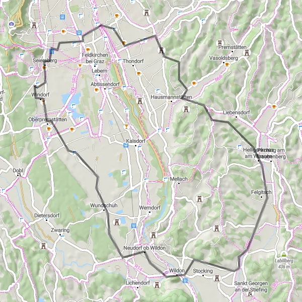 Miniatua del mapa de inspiración ciclista "Circuito escénico desde Pirka hasta Unterpremstätten" en Steiermark, Austria. Generado por Tarmacs.app planificador de rutas ciclistas