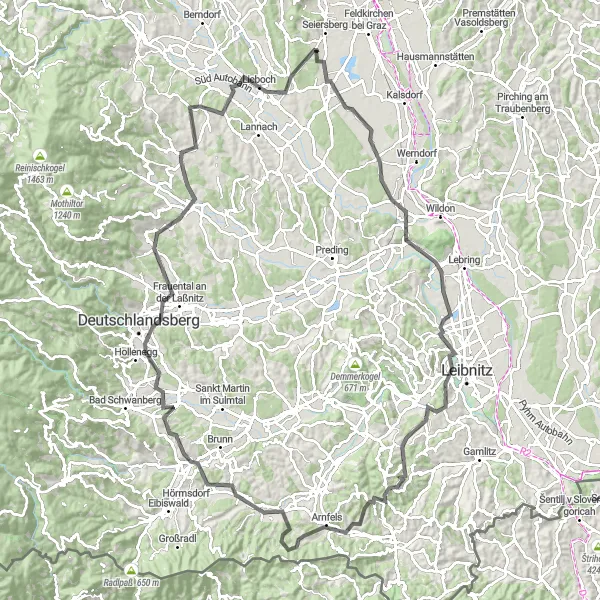 Miniatura della mappa di ispirazione al ciclismo "Tour Panoramica del Sud di Graz" nella regione di Steiermark, Austria. Generata da Tarmacs.app, pianificatore di rotte ciclistiche