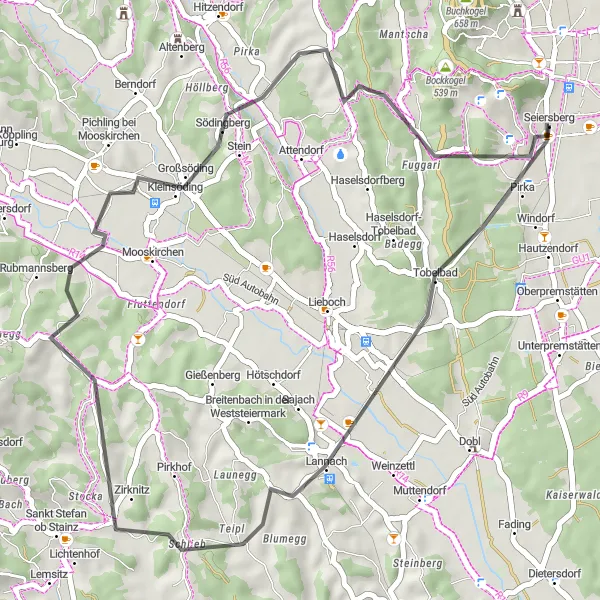 Kartminiatyr av "Kulturelle perler langs sykkelstien" sykkelinspirasjon i Steiermark, Austria. Generert av Tarmacs.app sykkelrutoplanlegger