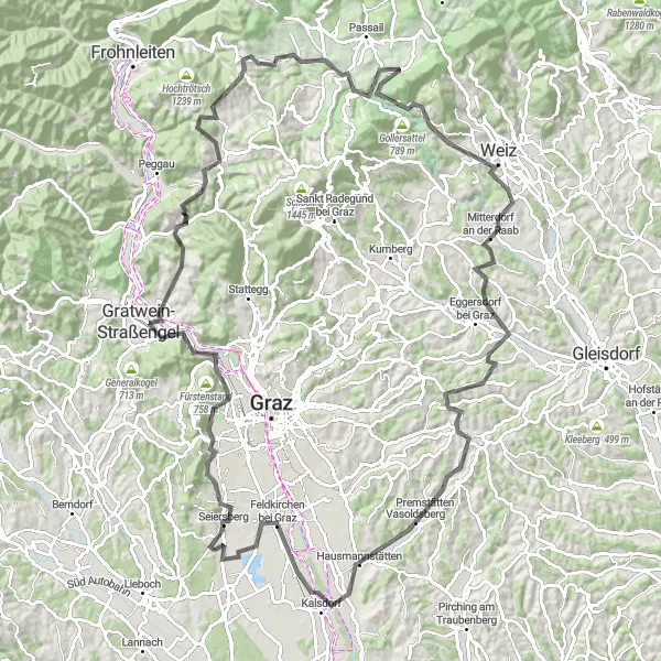 Map miniature of "Seiersberg and Weiz Road Challenge" cycling inspiration in Steiermark, Austria. Generated by Tarmacs.app cycling route planner