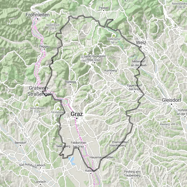 Karttaminiaatyyri "Pyöräretki Pirka - Seiersberg - Hubertushöhe - Frauenkogel - Semriach - Leisenberg - Tulwitz - Gollersattel - Weiz - Haselberg - Laßnitzhöhe - Prüfingberg - Vasoldsberg - Pirka" pyöräilyinspiraatiosta alueella Steiermark, Austria. Luotu Tarmacs.app pyöräilyreittisuunnittelijalla