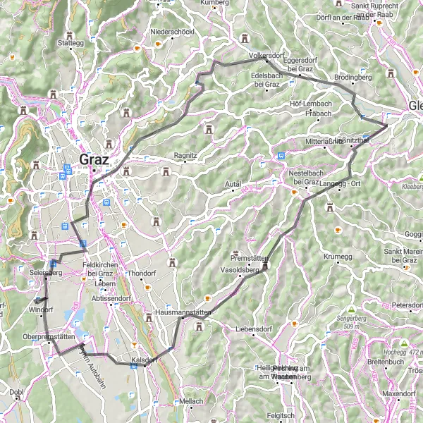 Map miniature of "Graz and Fernitz Road Escape" cycling inspiration in Steiermark, Austria. Generated by Tarmacs.app cycling route planner