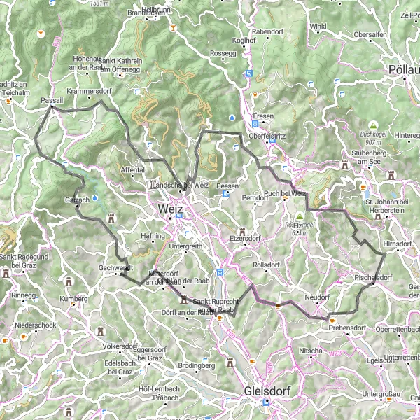 Miniatuurkaart van de fietsinspiratie "Uitdagende tocht door de bergen en valleien" in Steiermark, Austria. Gemaakt door de Tarmacs.app fietsrouteplanner