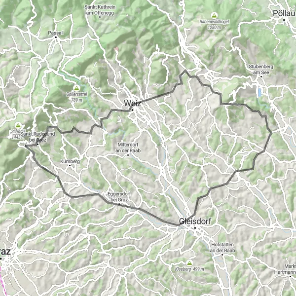 Miniature de la carte de l'inspiration cycliste "Tour des vallées de la styrie orientale" dans la Steiermark, Austria. Générée par le planificateur d'itinéraire cycliste Tarmacs.app