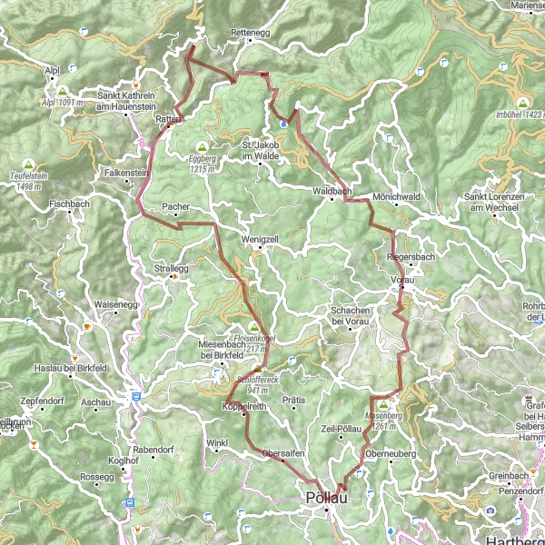 Zemljevid v pomanjšavi "Rustikalna gravel kolesarska tura v bližini Pöllauja" kolesarske inspiracije v Steiermark, Austria. Generirano z načrtovalcem kolesarskih poti Tarmacs.app