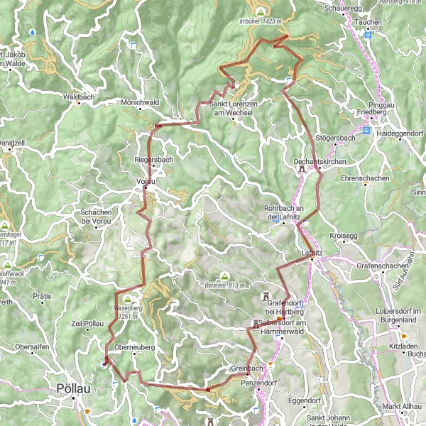 Miniatua del mapa de inspiración ciclista "Ruta de ciclismo de grava desde Pöllau a través de Dechantskirchen" en Steiermark, Austria. Generado por Tarmacs.app planificador de rutas ciclistas