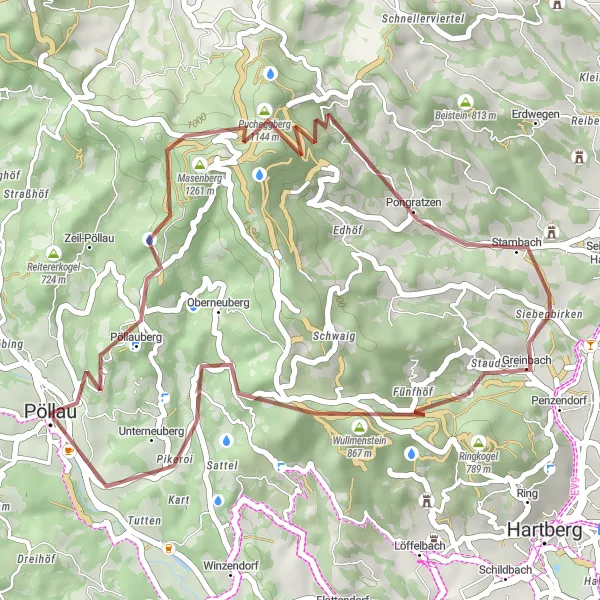 Miniatua del mapa de inspiración ciclista "Ruta circular de ciclismo de grava desde Pöllau a través de Hirschkogel" en Steiermark, Austria. Generado por Tarmacs.app planificador de rutas ciclistas