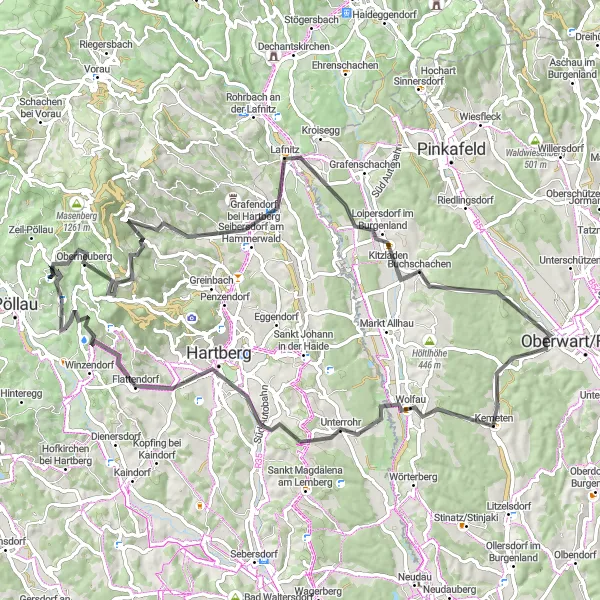 Miniatura della mappa di ispirazione al ciclismo "Giro in bicicletta da Pöllau al Hartberg e ritorno" nella regione di Steiermark, Austria. Generata da Tarmacs.app, pianificatore di rotte ciclistiche