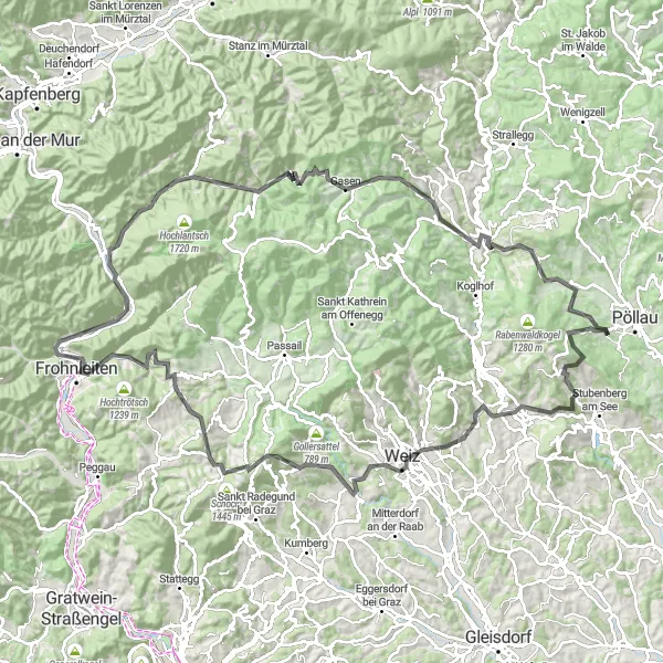 Miniatua del mapa de inspiración ciclista "Ruta de ciclismo de carretera Pöllau - Birkfeld" en Steiermark, Austria. Generado por Tarmacs.app planificador de rutas ciclistas