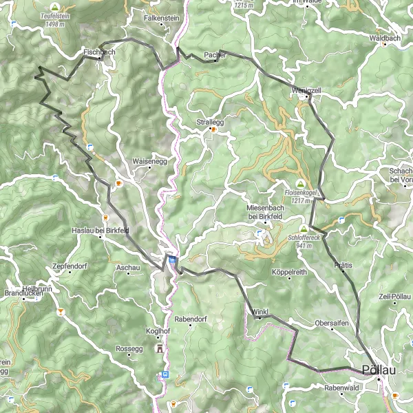 Miniatua del mapa de inspiración ciclista "Ruta de ciclismo en carretera desde Pöllau a través de Fischbach" en Steiermark, Austria. Generado por Tarmacs.app planificador de rutas ciclistas