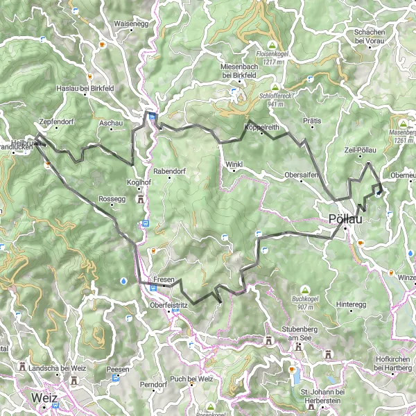 Kartminiatyr av "Rundtur till Gschaid bei Birkfeld" cykelinspiration i Steiermark, Austria. Genererad av Tarmacs.app cykelruttplanerare