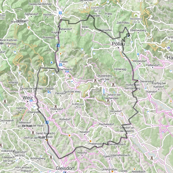 Kartminiatyr av "Lang landevei tur i Steiermark" sykkelinspirasjon i Steiermark, Austria. Generert av Tarmacs.app sykkelrutoplanlegger