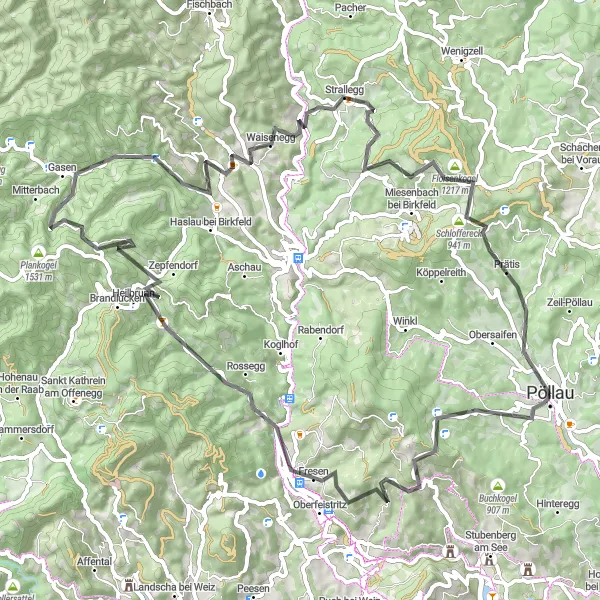 Miniatura mapy "Trasa rowerowa Rabenwald-Streberkogel-Wildwiesenwarte" - trasy rowerowej w Steiermark, Austria. Wygenerowane przez planer tras rowerowych Tarmacs.app