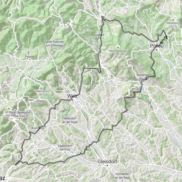 Zemljevid v pomanjšavi "Naporna kolesarska dogodivščina v okolici Pöllauja" kolesarske inspiracije v Steiermark, Austria. Generirano z načrtovalcem kolesarskih poti Tarmacs.app