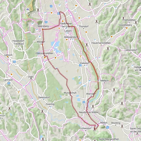 Miniatua del mapa de inspiración ciclista "Ruta de ciclismo de montaña por Feldkirchen - Wildoner Schloßberg - Wundschuh - Puntigam" en Steiermark, Austria. Generado por Tarmacs.app planificador de rutas ciclistas