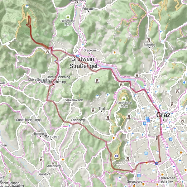 Karten-Miniaturansicht der Radinspiration "Graveltour Puntigam - Aussichtsrampe - Jungfernsprung - Friendly Alien - Puntigam" in Steiermark, Austria. Erstellt vom Tarmacs.app-Routenplaner für Radtouren