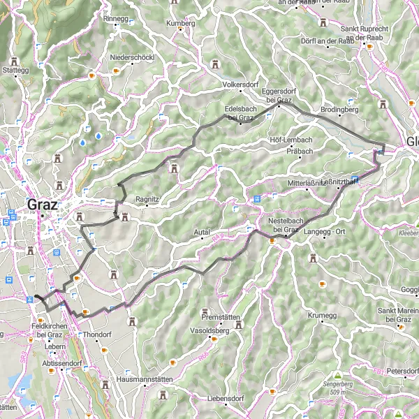 Map miniature of "Puntigam-Fuchsriegel-Ries-Eggersdorf bei Graz-Nesthöhe-Nestelbach bei Graz-Blick zur Riegersburg-Lamberg-Raaba-Puntigam" cycling inspiration in Steiermark, Austria. Generated by Tarmacs.app cycling route planner