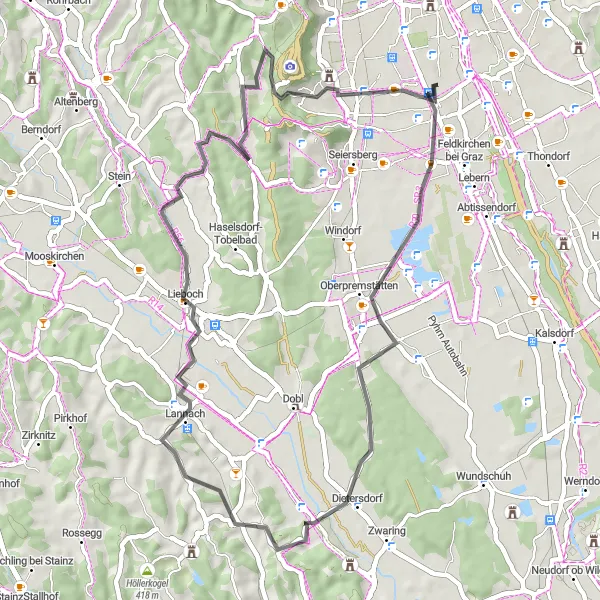 Miniature de la carte de l'inspiration cycliste "Tour culturelle autour de Puntigam" dans la Steiermark, Austria. Générée par le planificateur d'itinéraire cycliste Tarmacs.app