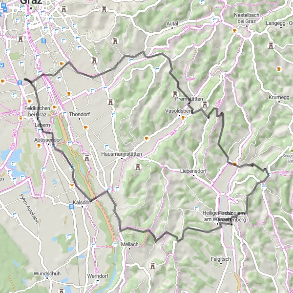Miniature de la carte de l'inspiration cycliste "Tour de Puntigam à Buchkogel" dans la Steiermark, Austria. Générée par le planificateur d'itinéraire cycliste Tarmacs.app