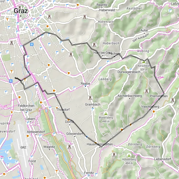 Map miniature of "Puntigam-Sankt Peter-Kerscheck-Hausmannstätten-Puntigam" cycling inspiration in Steiermark, Austria. Generated by Tarmacs.app cycling route planner