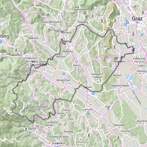 Miniatua del mapa de inspiración ciclista "Gran ruta de ciclismo por carretera Mühlriegel - Lieboch - Kollerberg - Wetzelsdorf" en Steiermark, Austria. Generado por Tarmacs.app planificador de rutas ciclistas