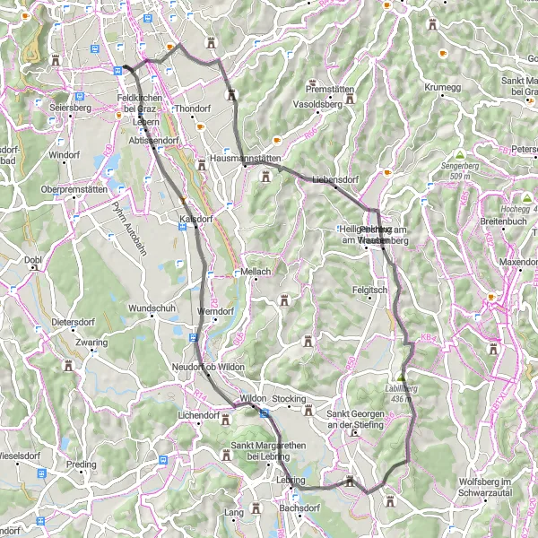 Miniaturní mapa "Cyklotrasa skrz krajinu kolem Puntigamu" inspirace pro cyklisty v oblasti Steiermark, Austria. Vytvořeno pomocí plánovače tras Tarmacs.app