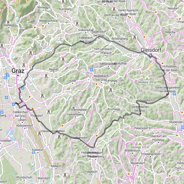 Miniature de la carte de l'inspiration cycliste "Tour panoramique autour de Puntigam" dans la Steiermark, Austria. Générée par le planificateur d'itinéraire cycliste Tarmacs.app