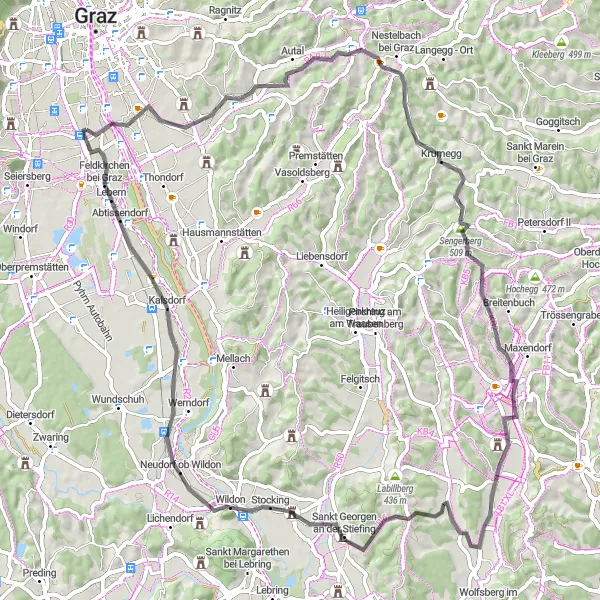 Miniaturní mapa "Okružní cyklistická trasa kolem Puntigamu" inspirace pro cyklisty v oblasti Steiermark, Austria. Vytvořeno pomocí plánovače tras Tarmacs.app