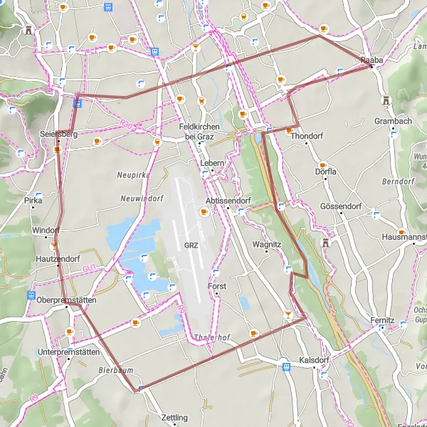 Kartminiatyr av "Sykkelrute gjennom Zettling og Seiersberg" sykkelinspirasjon i Steiermark, Austria. Generert av Tarmacs.app sykkelrutoplanlegger