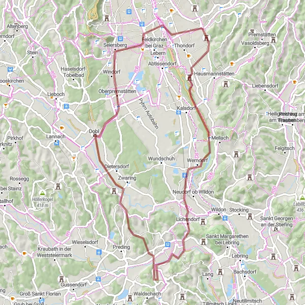 Kartminiatyr av "Utforsk Werndorf og Dobl på denne 61 km lange grusveien" sykkelinspirasjon i Steiermark, Austria. Generert av Tarmacs.app sykkelrutoplanlegger