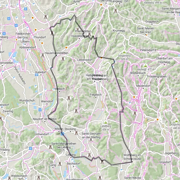 Miniaturní mapa "Cyklotrasa kolem Raaby" inspirace pro cyklisty v oblasti Steiermark, Austria. Vytvořeno pomocí plánovače tras Tarmacs.app