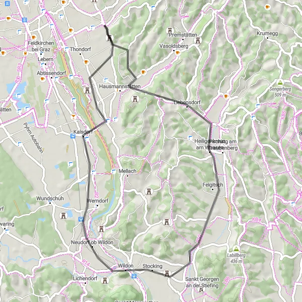 Miniatua del mapa de inspiración ciclista "Ruta de ciclismo de carretera Raaba - Wildoner Schloßberg" en Steiermark, Austria. Generado por Tarmacs.app planificador de rutas ciclistas