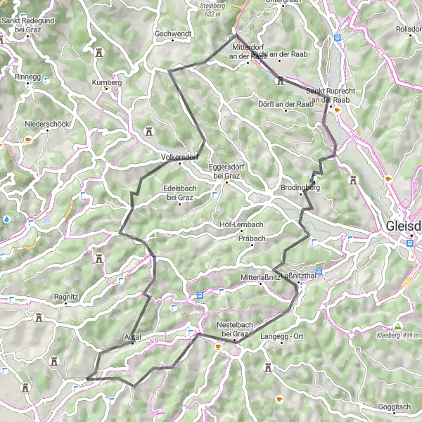 Map miniature of "Kainbach Loop via Hart-Purgstall and Mitterdorf an der Raab" cycling inspiration in Steiermark, Austria. Generated by Tarmacs.app cycling route planner
