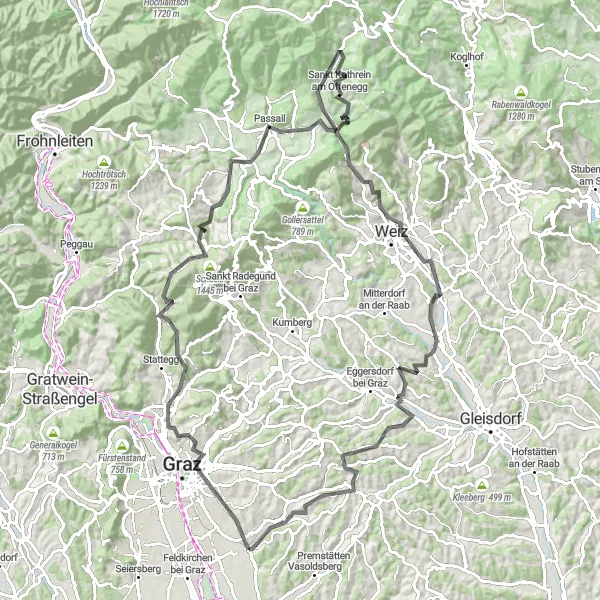 Kartminiatyr av "Utmanande vägar runt Schöckl och Sankt Ruprecht an der Raab" cykelinspiration i Steiermark, Austria. Genererad av Tarmacs.app cykelruttplanerare