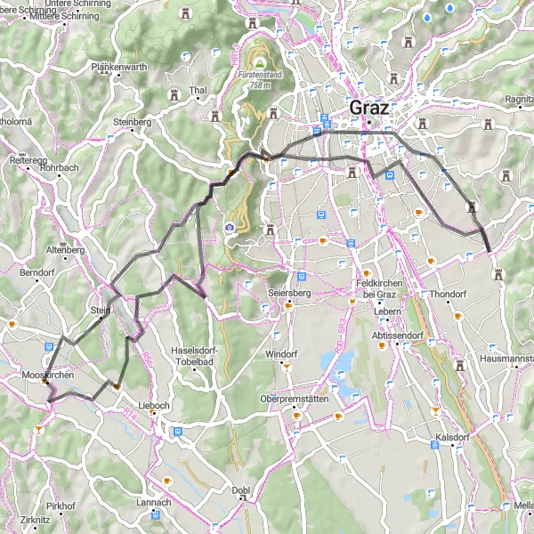 Kartminiatyr av "Oppdag Graz og Mooskirchen på denne 56 km lange landeveien" sykkelinspirasjon i Steiermark, Austria. Generert av Tarmacs.app sykkelrutoplanlegger