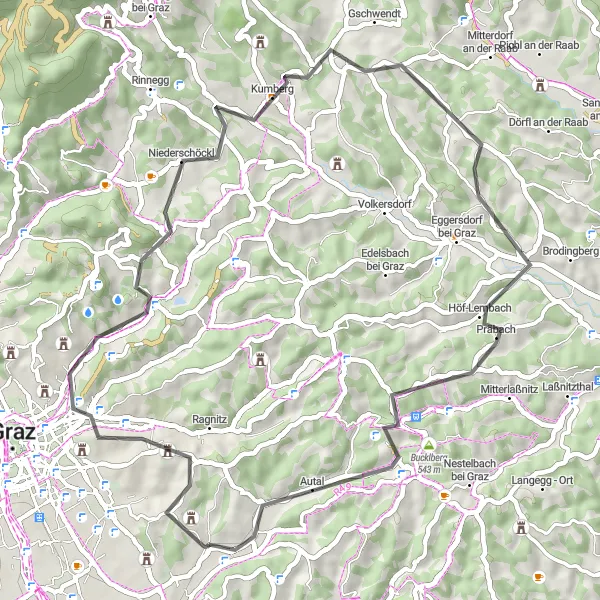 Miniatura della mappa di ispirazione al ciclismo "Tour in bicicletta tra i borghi di Graz" nella regione di Steiermark, Austria. Generata da Tarmacs.app, pianificatore di rotte ciclistiche