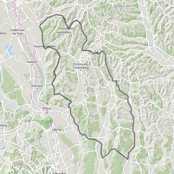 Miniatua del mapa de inspiración ciclista "Ruta de ciclismo por carretera desde Raaba a Mettersdorf am Saßbach" en Steiermark, Austria. Generado por Tarmacs.app planificador de rutas ciclistas