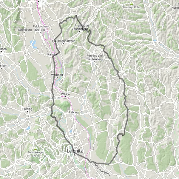 Miniatua del mapa de inspiración ciclista "Ruta de ciclismo por carretera desde Raaba a Leibnitz y Grambach" en Steiermark, Austria. Generado por Tarmacs.app planificador de rutas ciclistas