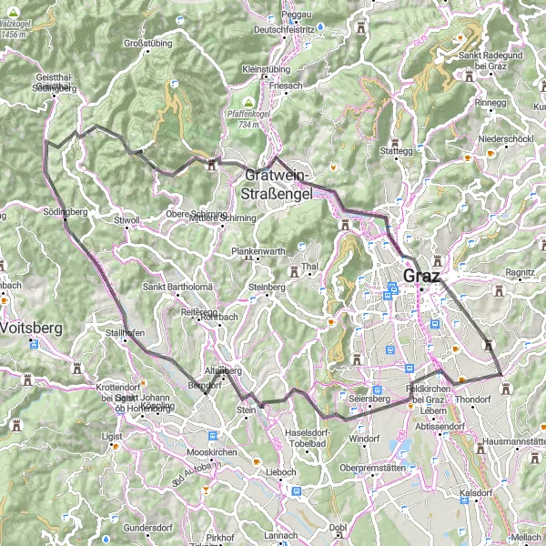 Miniatua del mapa de inspiración ciclista "Ruta de ciclismo por carretera desde Raaba a Graz y alrededores" en Steiermark, Austria. Generado por Tarmacs.app planificador de rutas ciclistas