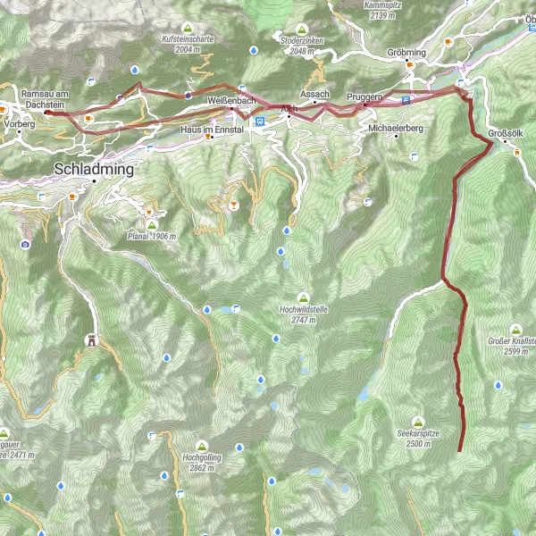 Miniatua del mapa de inspiración ciclista "Ruta de ciclismo de 93 km en gravilla cerca de Ramsau am Dachstein" en Steiermark, Austria. Generado por Tarmacs.app planificador de rutas ciclistas