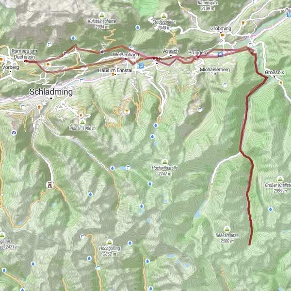 Karttaminiaatyyri "Off-road seikkailu Kleinsölkin maisemissa" pyöräilyinspiraatiosta alueella Steiermark, Austria. Luotu Tarmacs.app pyöräilyreittisuunnittelijalla